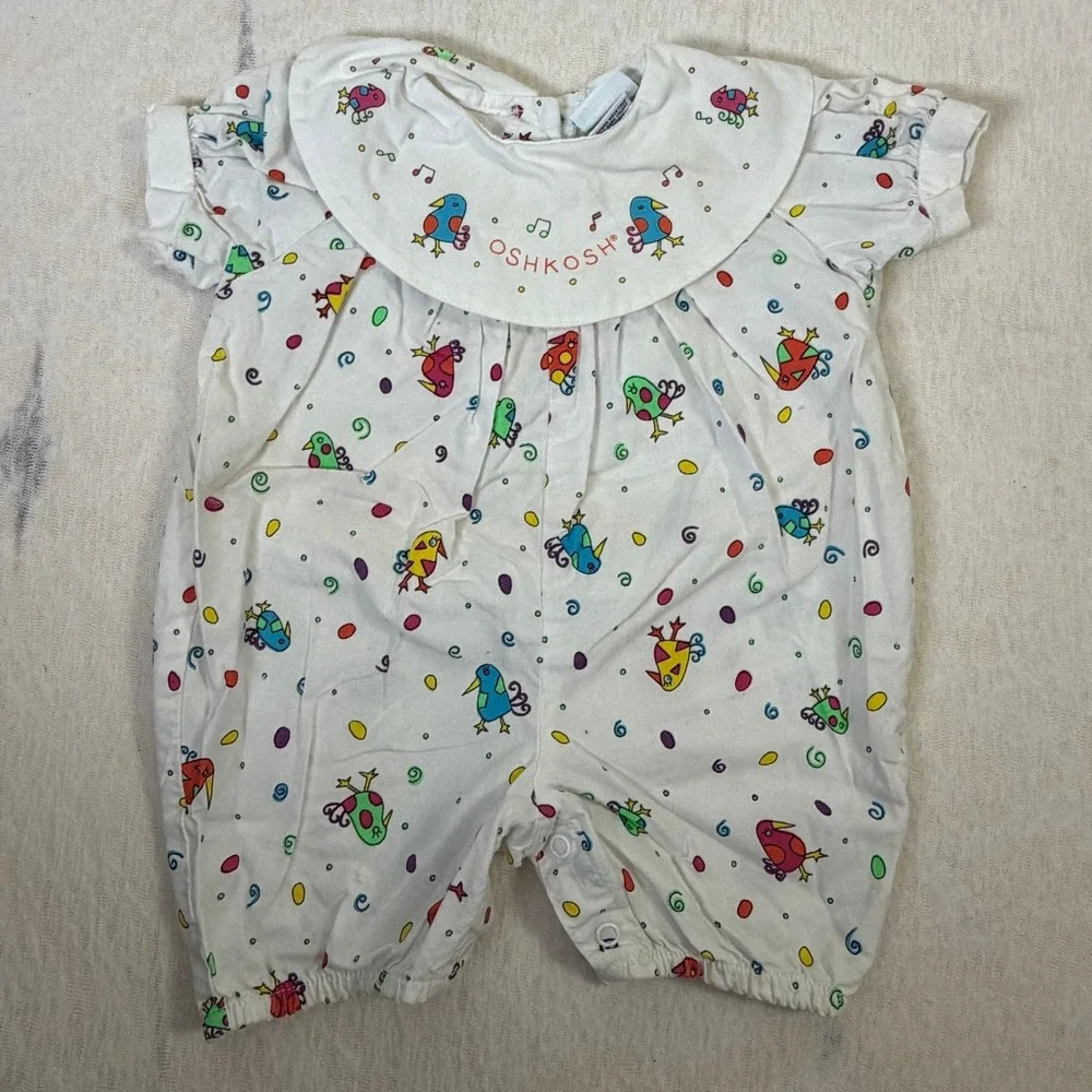 Vintage OshKosh Baby Romper‎ 3-6 Months Birds Musical Print USA Made Bubble